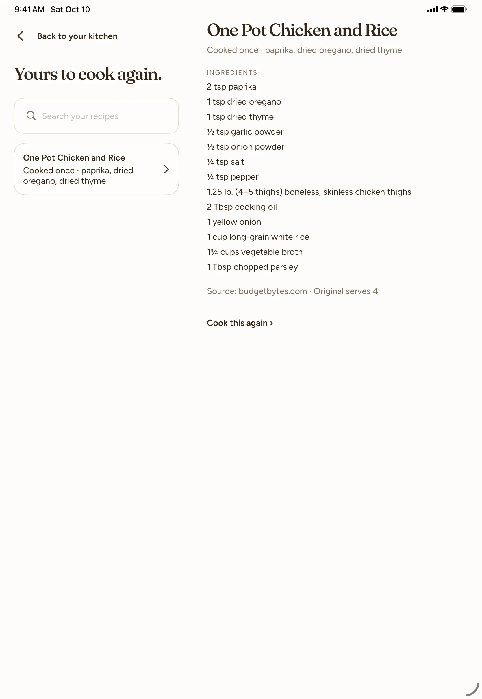 Cook with Kre on iPad: saved recipes on the left; on the right, One Pot Chicken and Rice with its 13 ingredients and Cook this again.