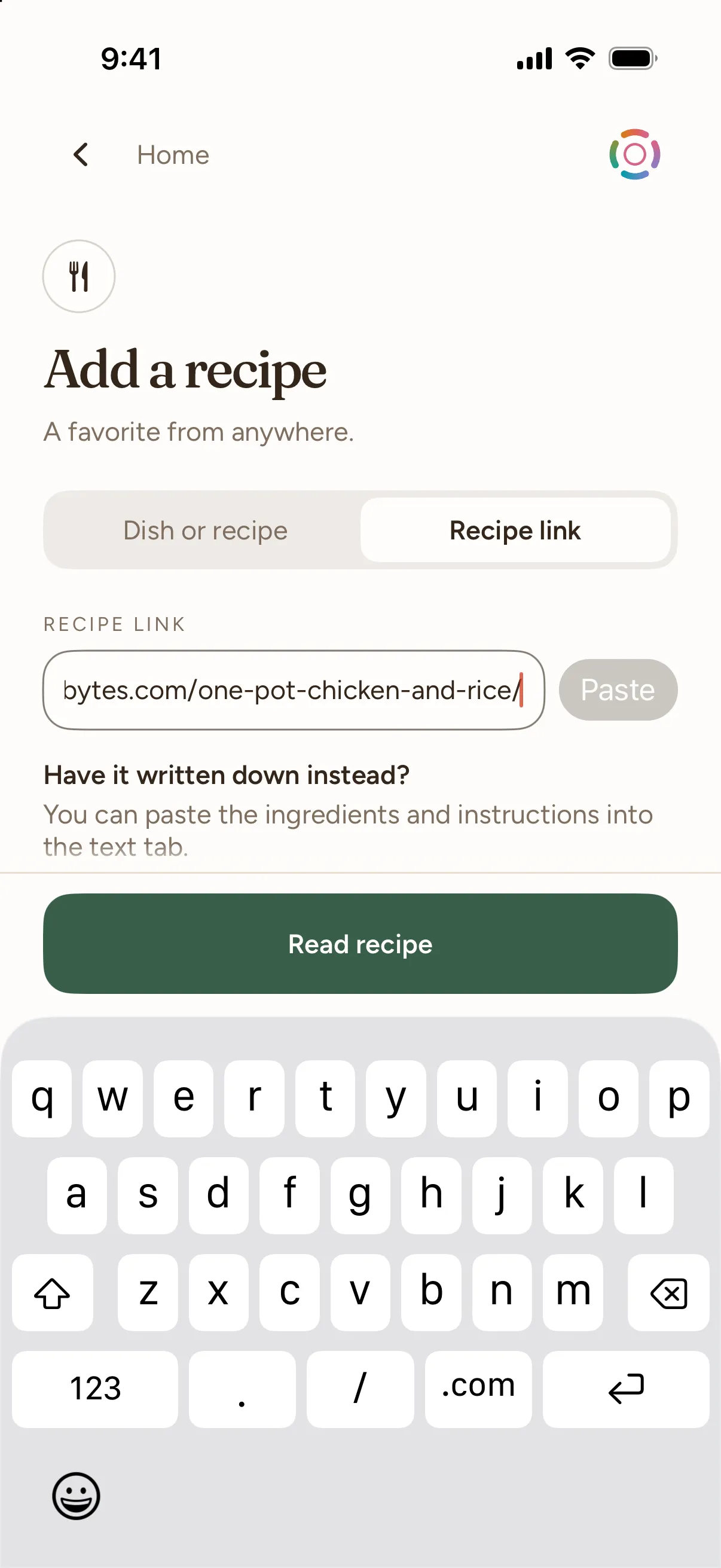 The Add a recipe screen with a recipe link pasted in and a Read recipe button.