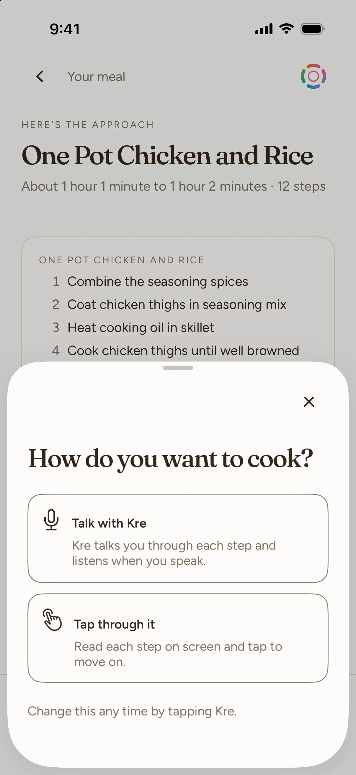 A sheet asking How do you want to cook?, with two choices: Talk with Kre and Tap through it.