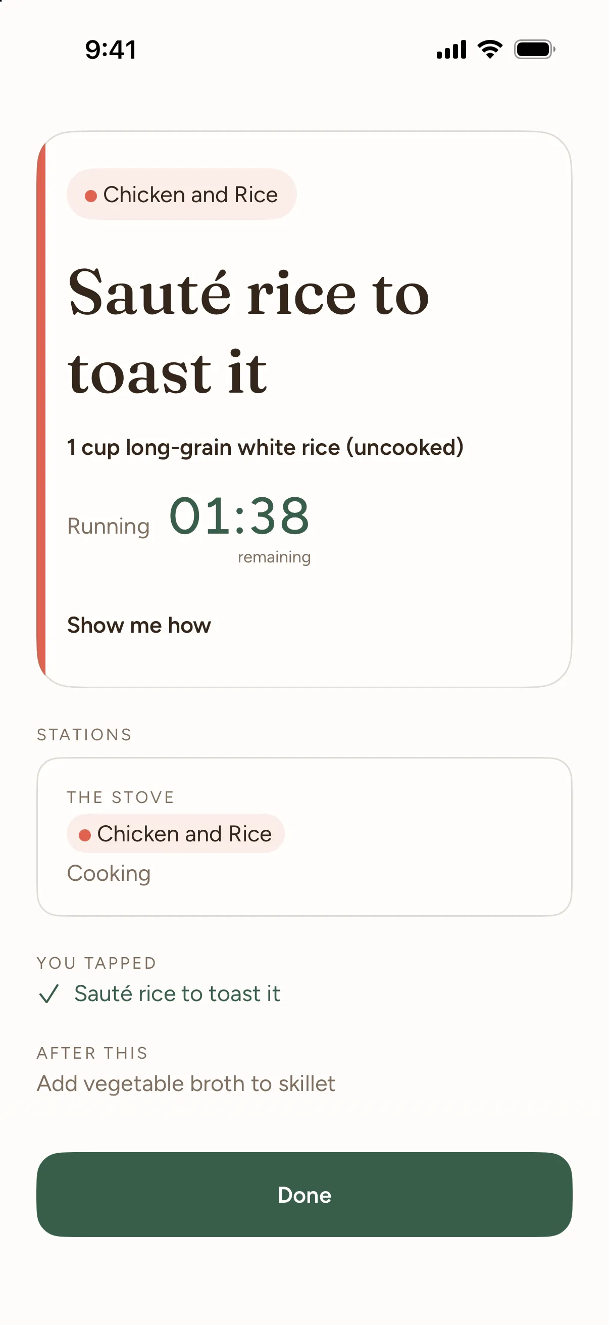 The cooking screen on the step Sauté rice to toast it, its timer running with 1 minute 38 seconds left.