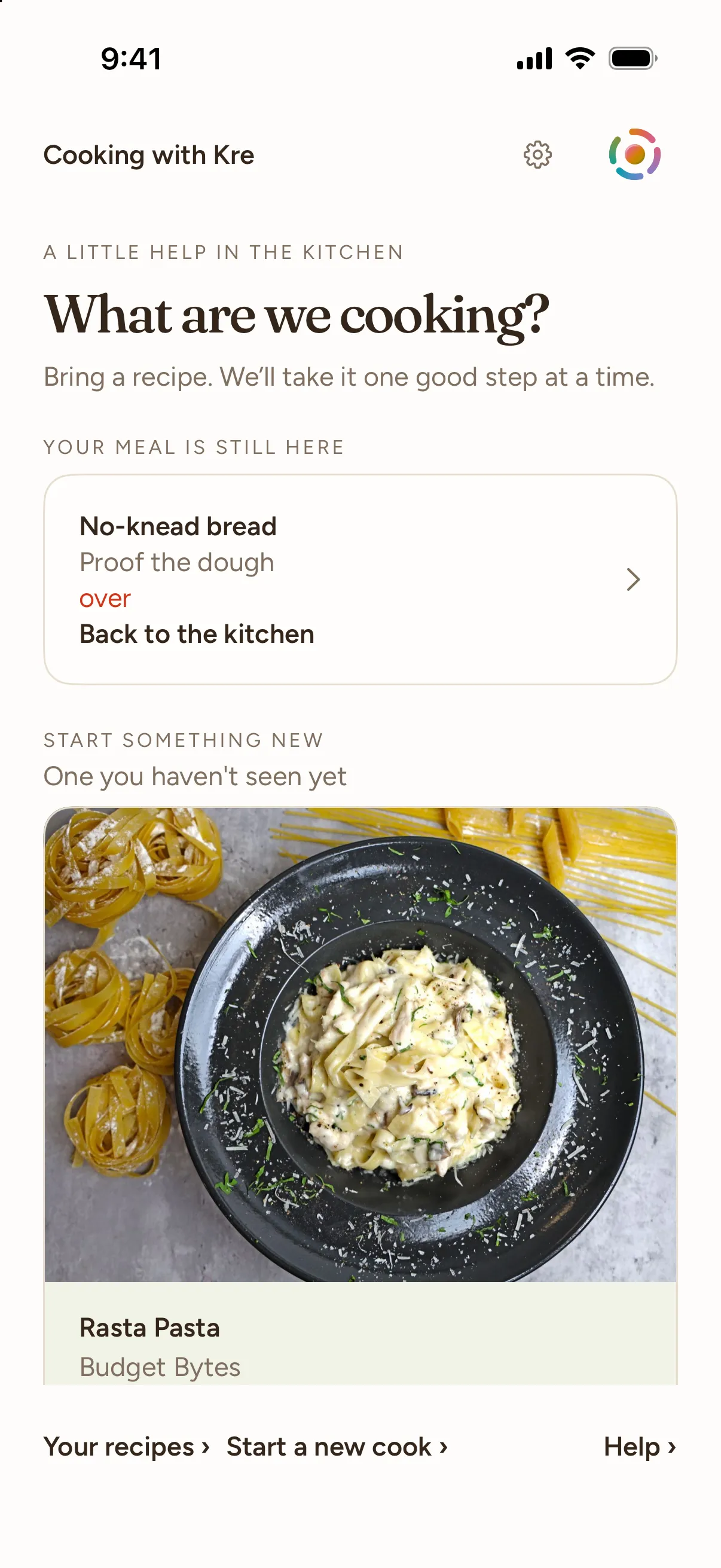 Cook with Kre home screen on iPhone, asking "What are we cooking?" with an Add a recipe button.