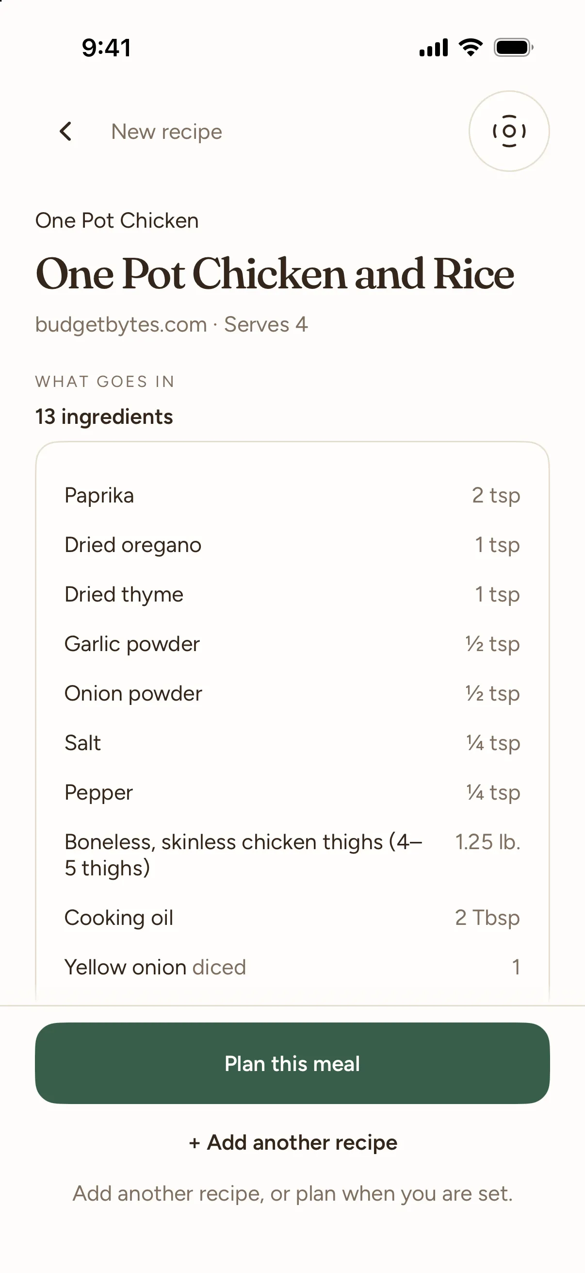 A recipe read on iPhone: One Pot Chicken and Rice from budgetbytes.com, serves 4, with its 13 ingredients and Plan this meal.