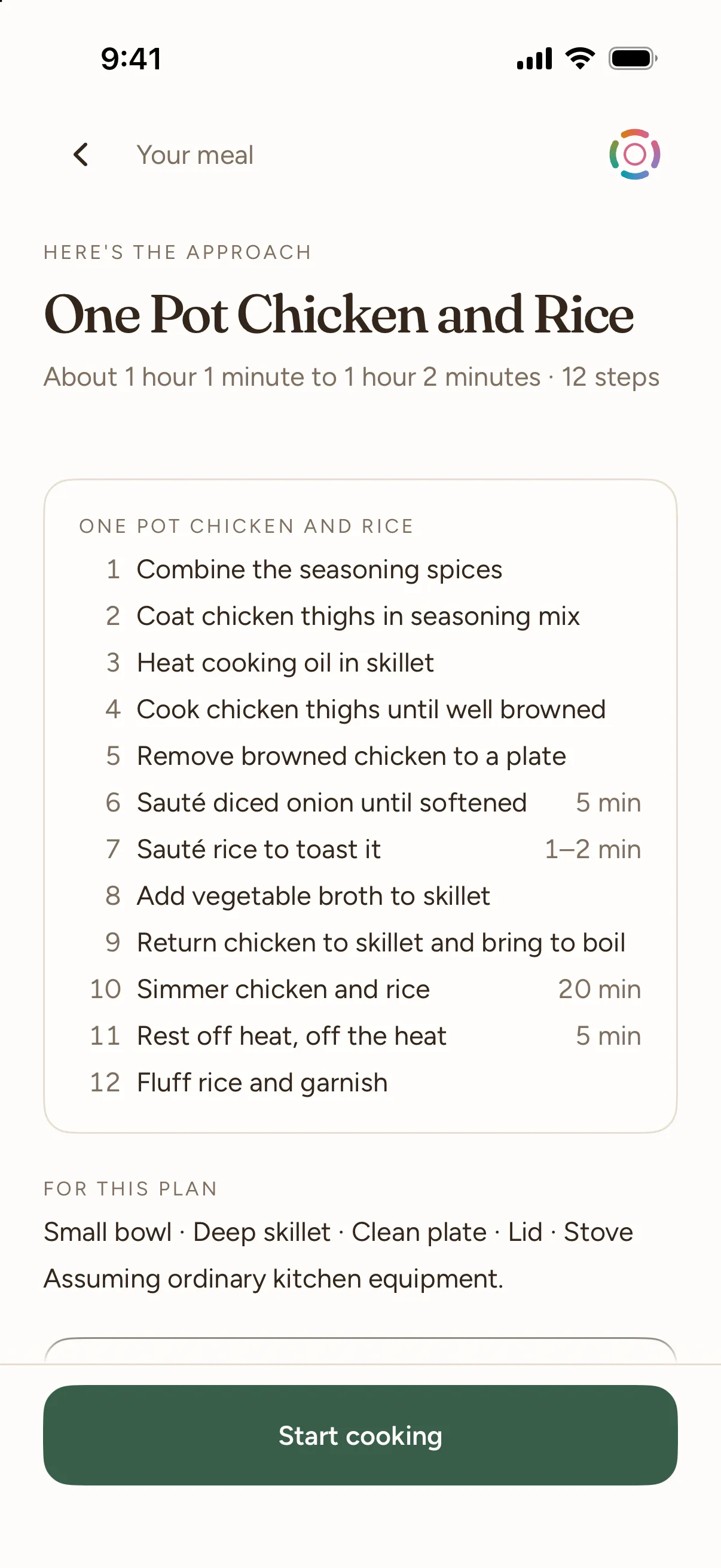The plan overview, Here's the approach: One Pot Chicken and Rice, about 50 minutes, 13 steps with their times, and Start cooking.