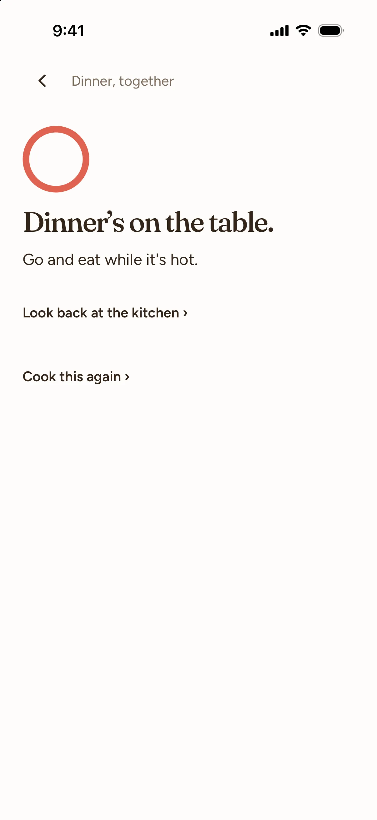 The finish screen: Dinner's on the table. Go and eat while it's hot. Below, Look back at the kitchen and Cook this again.
